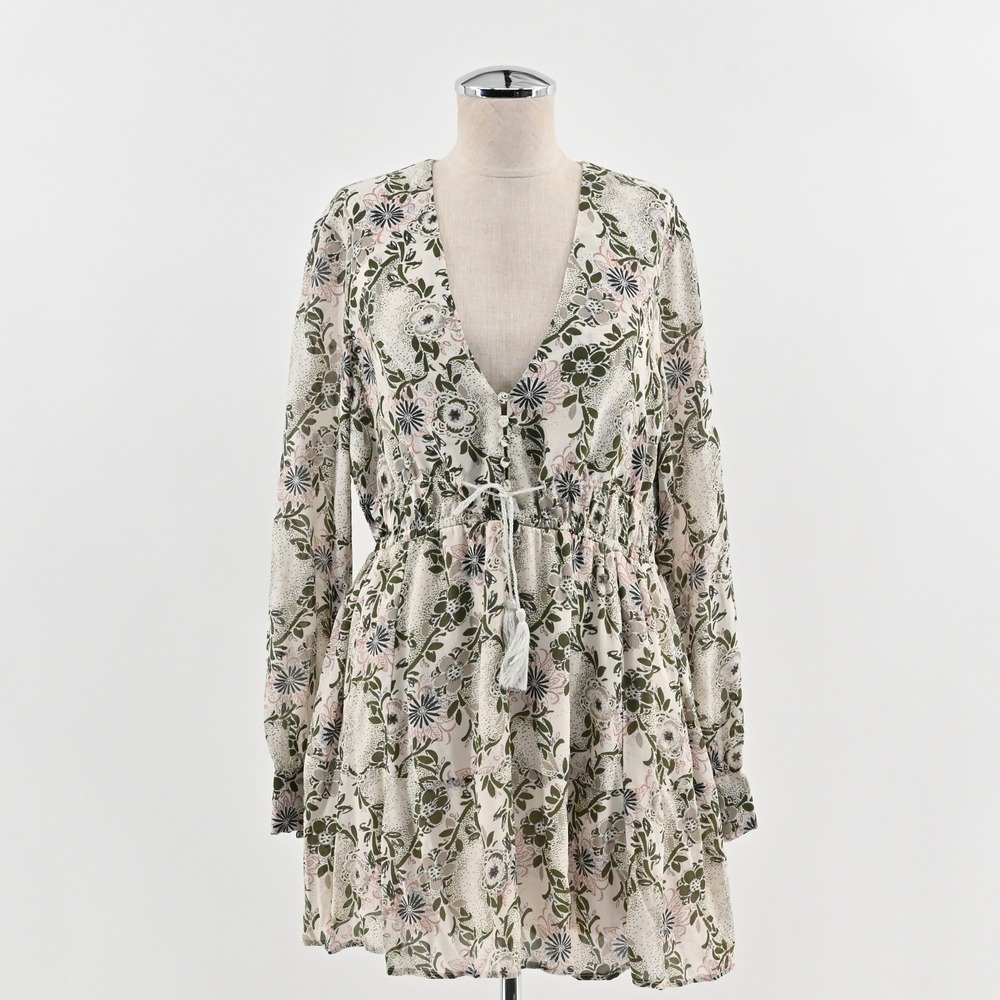 Free People Stealing Fire‎ Dress Size M Peasant Mini Boho Floral Long Sleeve